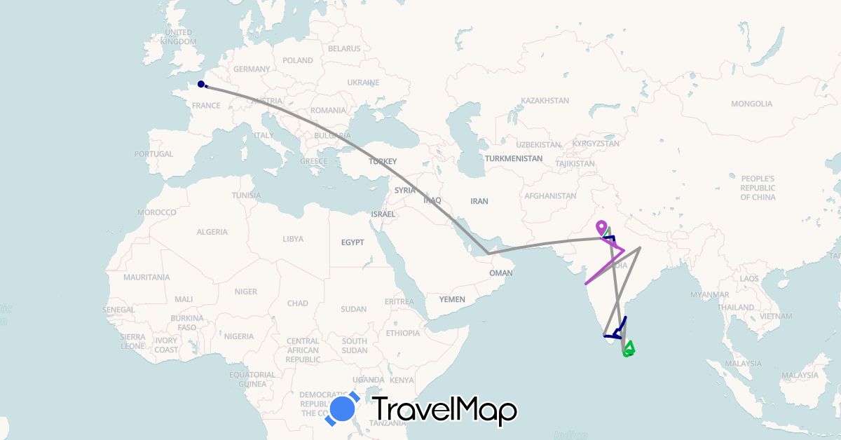 TravelMap itinerary: driving, bus, plane, train in United Arab Emirates, France, India, Sri Lanka (Asia, Europe)